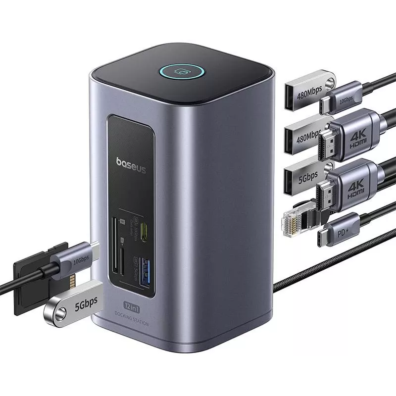 Baseus Air Spacemate 12-in-1 USB-C Hub, 2x HDMI 4K@60Hz, 2x USB-C 10Gbps, 2x USB-A 5Gbps, 2x USB-A 480Mbps, RJ45, SD/microSD, USB-C PD, Grau