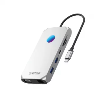 ORICO XCR 12-in-1 USB-C Docking Station mit RGB, 2x USB-A 3.1, 1x USB-A 2.0, 1x USB-C PD 100W, 1x USB-C 3.1, 2x HDMI 2.0 4K 60Hz, 1x VGA 1080p, 1x microSD/SD 3.0, 1x RJ45 Gigabit Ethernet, 1x Audio CTIA 3.5mm - Grau