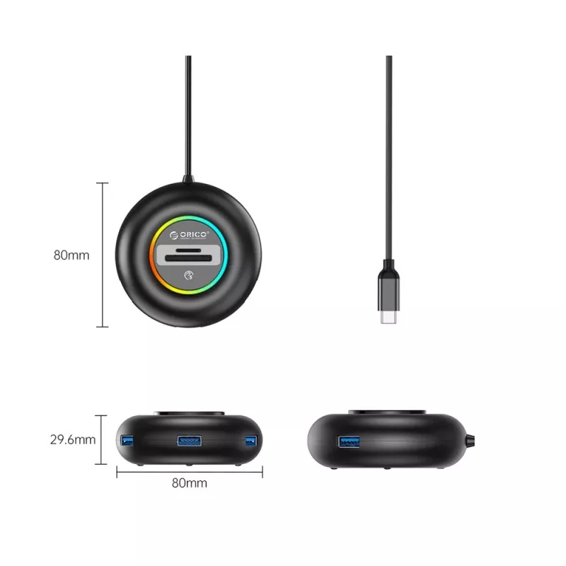 ORICO YXR5-C3 RGB 4-Port USB-A 3.0 Hub mit SD- und microSD-Kartenleser, 1,8m Kabel, Schwarz