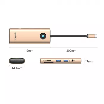 ORICO PW11 USB-C 8-in-1 Docking Station, 2x USB-A 3.0, 1x USB-C PD 100W, 1x HDMI 4K 60Hz, 1x microSD/SD, 1x RJ45 Gigabit Ethernet, 1x Audio 3.5mm, Roségold