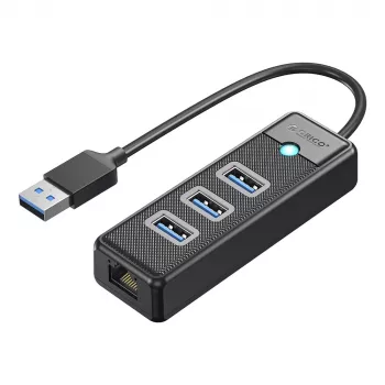 ORICO PW3UR25-U3 4-Port USB Hub mit 2.5G Ethernet-Adapter, 3x USB-A 3.0, 1x RJ45, 0,15m Kabel, Schwarz