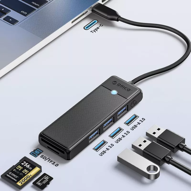 ORICO PAPW3AT-U3 4-Port USB 3.0 Hub mit SD/MicroSD-Kartenleser, 1,8 m Kabel, Schwarz