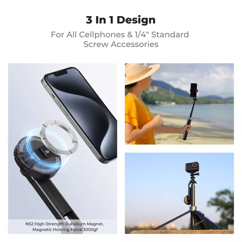 K&F Concept X97-C Selfie Stick Stativ 180 cm mit MagSafe Magnet-Halterung und Bluetooth-Fernauslöser (Schwarz)