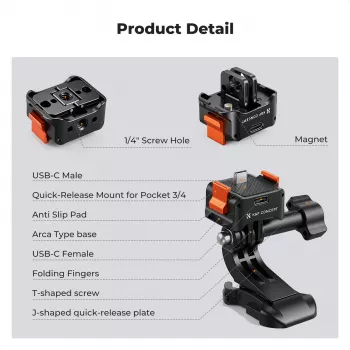 KF Schnellspannadapter mit USB-C-Ladefunktion für DJI Osmo Pocket 3/4, GoPro-Halterung, 1/4 Zoll Gewinde, Schwarz