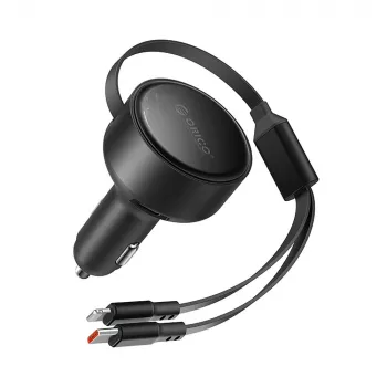 ORICO Dual Stretch 60W USB-C Autoladegerät mit zwei einziehbaren Kabeln USB-C + Lightning - Schwarz