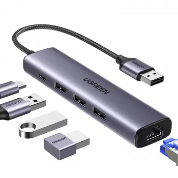 UGREEN 5-in-1 USB-A Hub auf 3x USB 3.0 + RJ45 + USB-C (Silber)