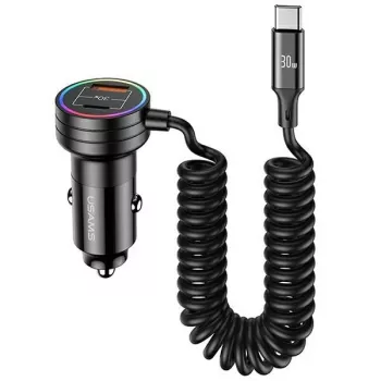 USAMS Car Charger 60W 2xUSB-C 1xUSB-A mit Spiralkabel Schnellladung PD QC Schwarz CC167CC01