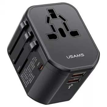 USAMS T59 20W Universal-Reiseladegerät mit 2 USB-A- und 1 USB-C-Anschluss, Schwarz, austauschbare Stecker US/AU/EU/UK