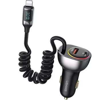 USAMS C37 Auto-Ladegerät 60W 1xUSB-A + 1xUSB-C PD+QC Schnellladung mit Lightning-Kabel 30W Schwarz CC193CC01 (US-CC193)
