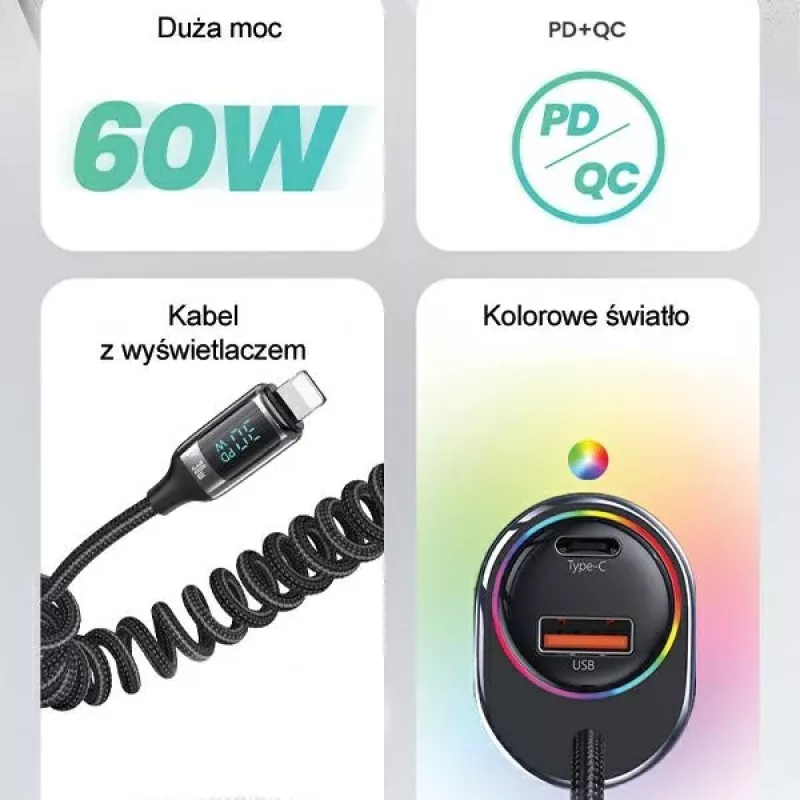 USAMS C37 Auto-Ladegerät 60W 1xUSB-A + 1xUSB-C PD+QC Schnellladung mit Lightning-Kabel 30W Schwarz CC193CC01 (US-CC193)