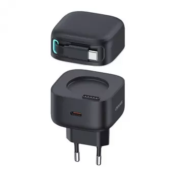 USAMS XMF Series CC202TC01 35W GaN Fast Charger mit einziehbarem USB-C-Kabel, Schwarz