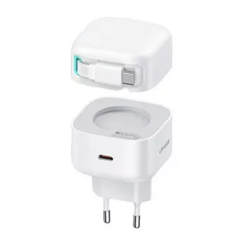 USAMS XMF Series CC202TC02 35W GaN USB-C-Netzladegerät mit einziehbarem USB-C-Kabel, PD+QC, Weiß