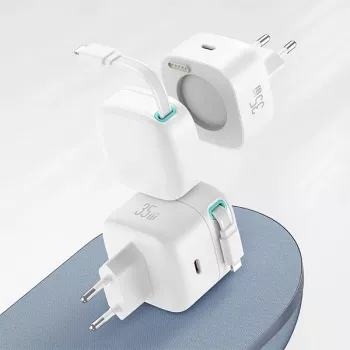 USAMS XMF Series CC209TC01 35W GaN Fast Charger mit einziehbarem USB-C auf Lightning Kabel, Schwarz