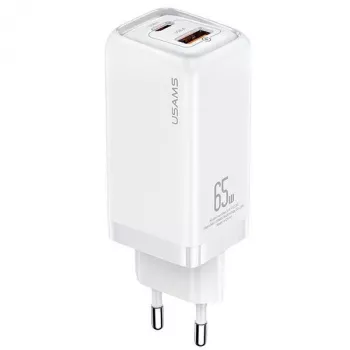 USAMS T47 65W PD Fast Charging Super Si Wall Charger mit 1x USB-C und 1x USB-A, Weiß (CC153TC02)