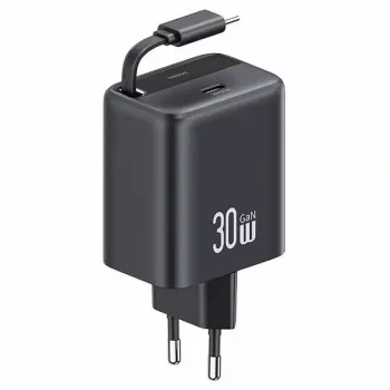 USAMS YC Series CC241TC01 30W GaN USB-C-Netzteil mit einziehbarem USB-C-Kabel, PD+QC-Schnellladung, Schwarz
