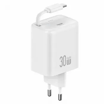 USAMS YC Series CC241TC02 30W GaN USB-C-Netzladegerät mit einziehbarem USB-C-Kabel, PD+QC-Schnellladung, Weiß