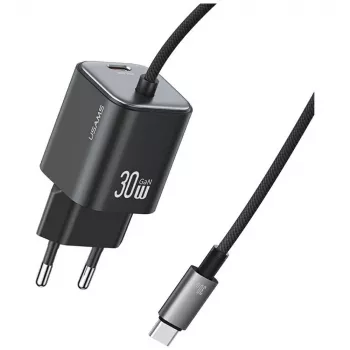 USAMS 30W GaN Fast Charger mit USB-C-Kabel (Schwarz, EU-Stecker)
