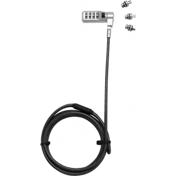 DICOTA Universal Security Cable Lock mit 3 austauschbaren Köpfen, Zahlenschloss, 2 m Kabel, Schwarz