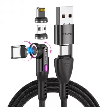 STATIK 360Pro Geflochtenes rotierendes 3 Magnetische Spitzen 6-in-1 Kabel Schwarz 2m