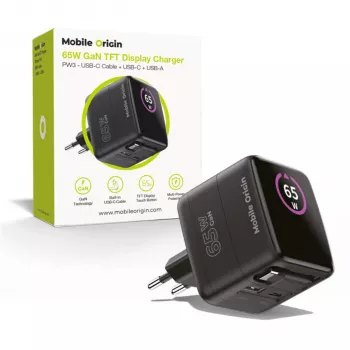 Mobile Origin 65W GaN Charger PW3 USB-C Retractable Cable 65cm + USB-A Black