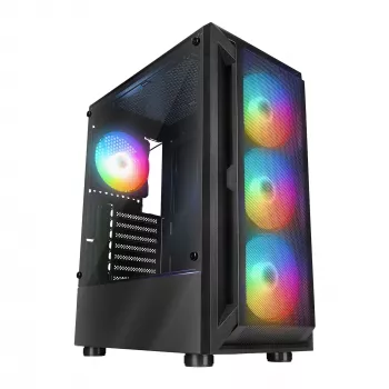 Rampage SHIVA Mid Tower PC-Gehäuse mit Seitenfenster aus gehärtetem Glas und 4x 120mm Rainbow RGB Lüftern, Schwarz