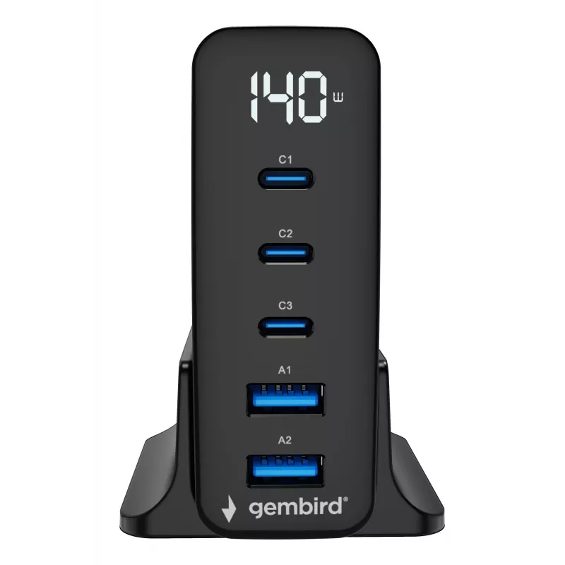 GEMBIRD TA-UC-2A3C-PD140-01-BK GaN 100W 5-Port USB-C & USB-A Fast Charger Black
