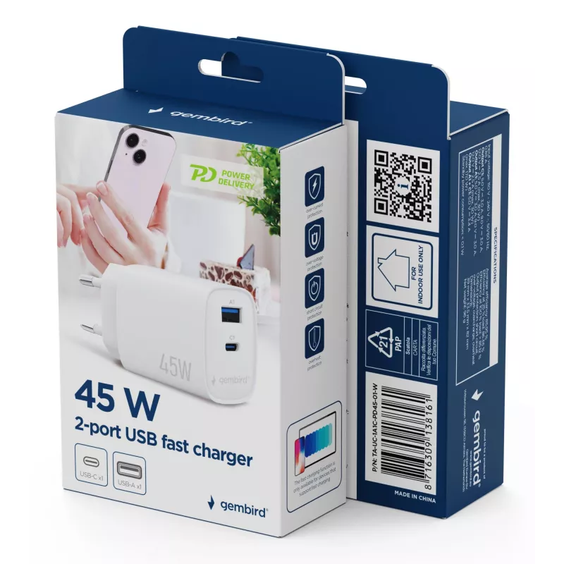 Gembird TA-UC-1A1C-PD45-01-W 45W USB-C PD Netzteil Weiß