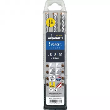 Alpen SDS+ FORCE X Hammerbohrer-Set, 3-teilig, 6-8-10 x 160 mm, 4-Schneider, Hartmetall