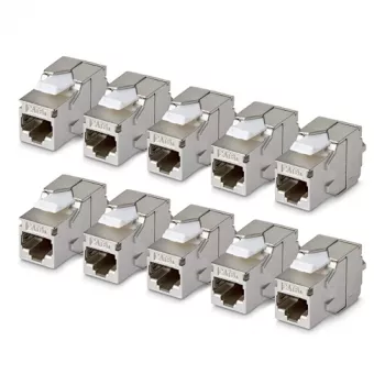 StarTech.com Geschirmtes Cat6a Keystone Jack Modul, 10er-Pack RJ45 Ethernet Kupplung, STP Cat6a Wanddose, 180 Grad, werkzeuglos, flach, silber