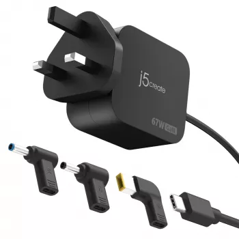 J5CREATE 67W GaN PD USB-C Mini-Ladegerät mit 3 Arten von DC-Steckern