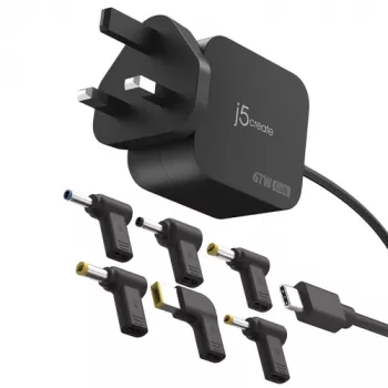 J5CREATE 67W GaN PD USB-C Mini-Ladegerät mit UK-Stecker und 6 DC-Anschlüssen