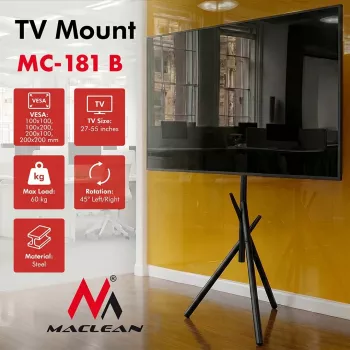 Maclean TV Bodenständer/-halterung, 27-55 inch, VESA 200x200, 60 kg, Schwarz, MC-181 B