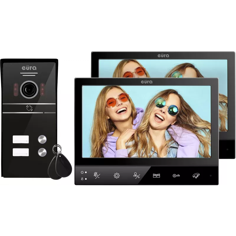 Eura VDP-80C5 Zweifamilien-Video-Türsprechanlage, Schwarz, 2x 7 inch LCD, FHD, 2 Eingänge, 1080p Kamera, RFID-Leser, Aufputzmontage