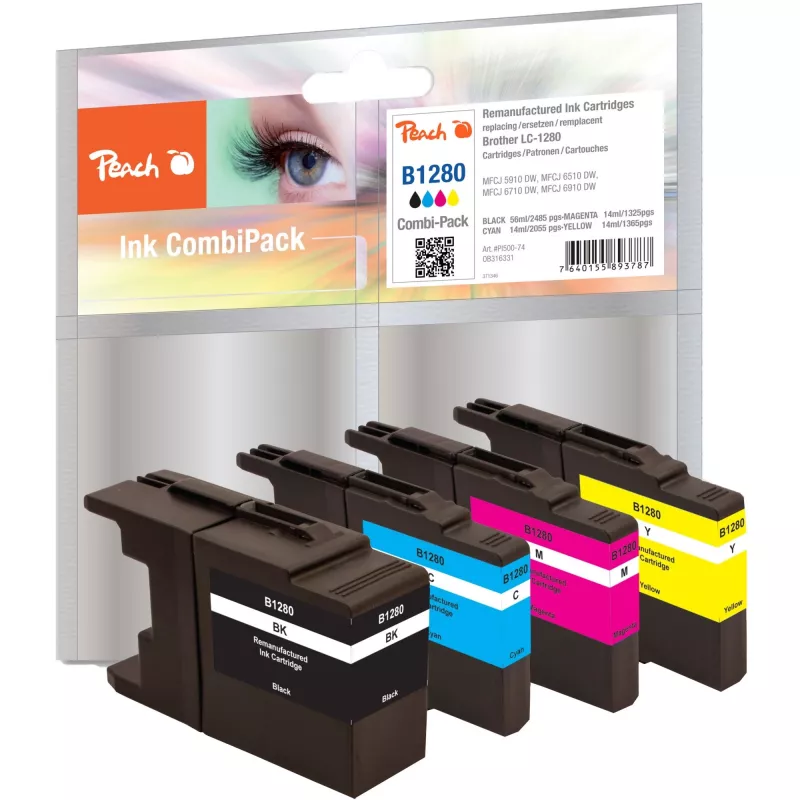 Peach PI500-74 Pigment-Tintenpatronen Multipack - Schwarz, Cyan, Magenta, Gelb - Kompatibel mit Brother MFCJ 5910 DW, 6510 DW, 6710 DW, 6910 DW - 4 Stück