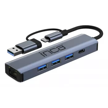 INCA Hub IUTP-5T USB-C/A auf 3x USB-A 3.0 / RJ45 5 Gbit/s Grau