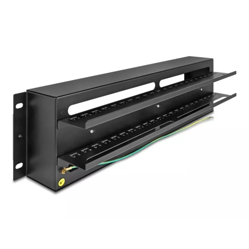 DELOCK 19 inch Verteilerfeld mit Abdeckung und DIN-Schiene inkl. 2x Kabelzugentlastungsschienen 3U Stahl Schwarz