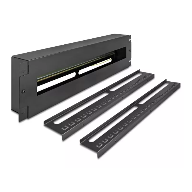 DELOCK 19 inch Verteilerfeld mit Abdeckung und DIN-Schiene inkl. 2x Kabelzugentlastungsschienen 3U Stahl Schwarz