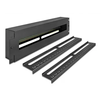 DELOCK 19 inch Verteilerfeld mit Abdeckung und DIN-Schiene inkl. 2x Kabelzugentlastungsschienen 3U Stahl Schwarz
