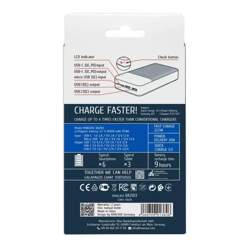 Rivacase VA2103 Power Bank 30000 mAh 22.5W Schwarz
