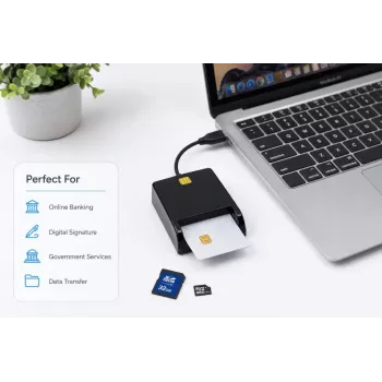 iLike 4-in-1 USB Smart Card Reader mit SIM-, SD- & Micro-SD-Unterstützung, CAC-Lesegerät für Ausweise, Bankkarten, eID und Speicherkarten, Schwarz
