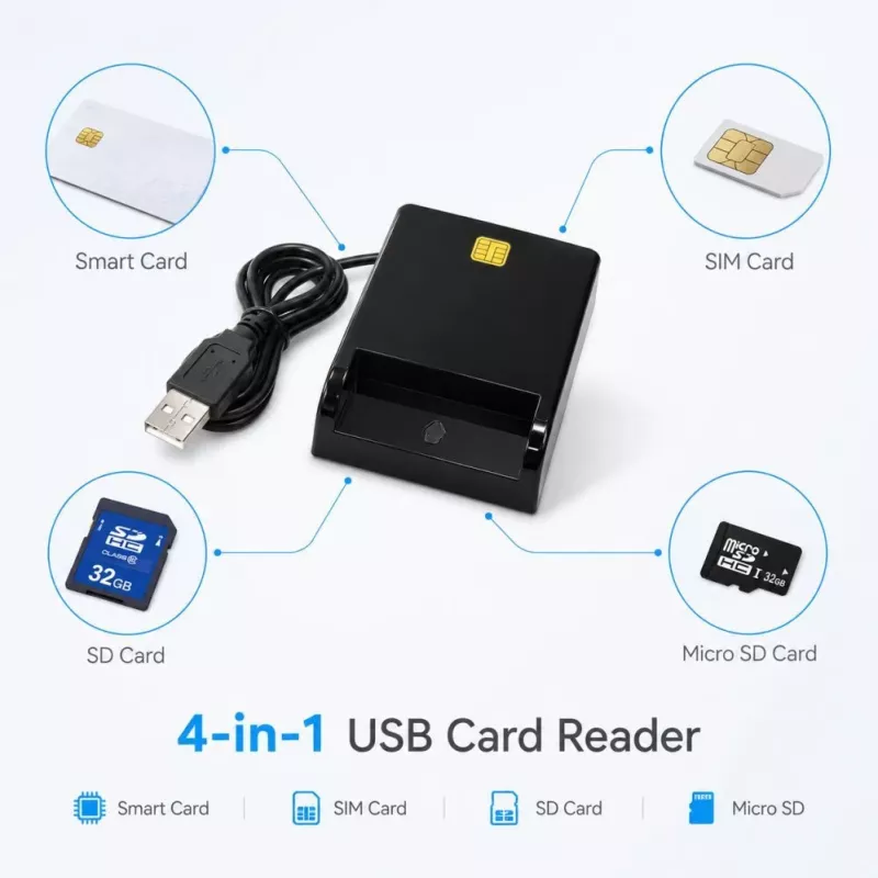 iLike 4-in-1 USB Smart Card Reader mit SIM-, SD- & Micro-SD-Unterstützung, CAC-Lesegerät für Ausweise, Bankkarten, eID und Speicherkarten, Schwarz