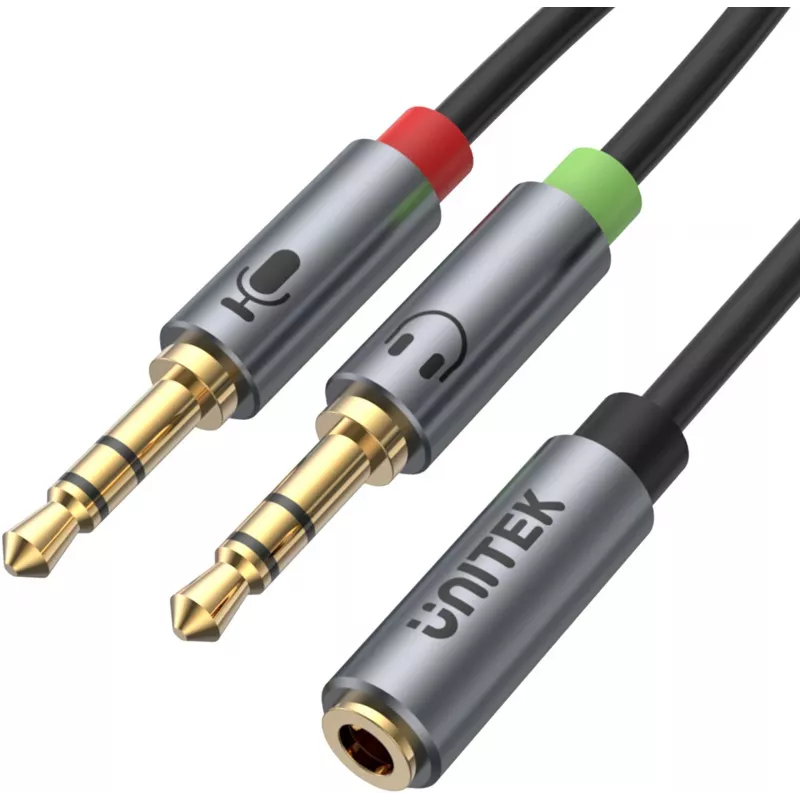 UNITEK Y-C957ABK 3.5mm Mini-Jack Audio Splitter Kabel, Buchse auf 2x Stecker, 20 cm, Schwarz