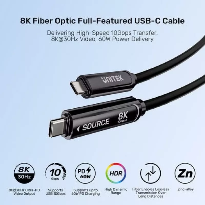 UNITEK USB-C Active Optical Cable 5m - 10Gbps, PD 60W, 8K@30Hz, Schwarz