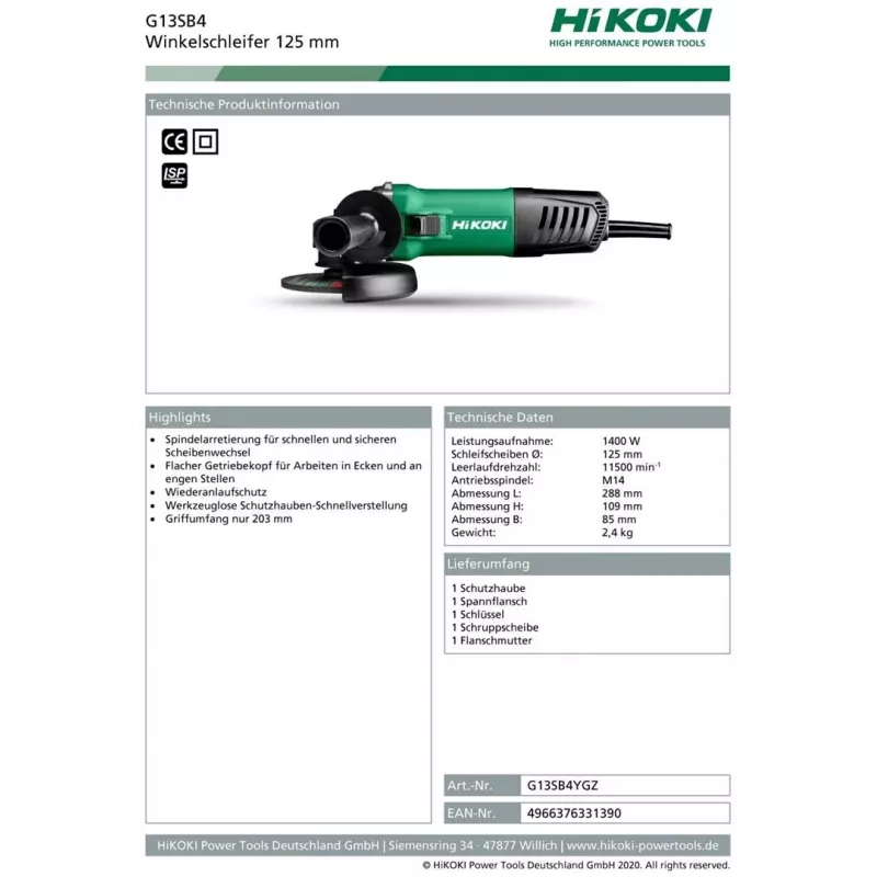 Hikoki G13SB4YGZ Winkelschleifer 3,1 kg