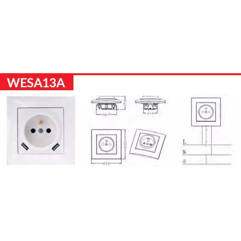 VCX WESA LC 13A Einzelsteckdose mit USB-Ladegerät Weiß