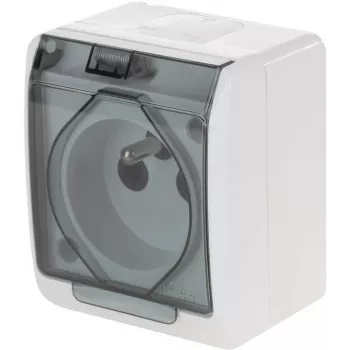 ELEKTRO-PLAST NASIELSK Hermes Einzel-Aufputz-Wetterfeste Steckdose mit Schutzkontakt 16A IP44 Rauchfarbene Klappe GNT 0321-01