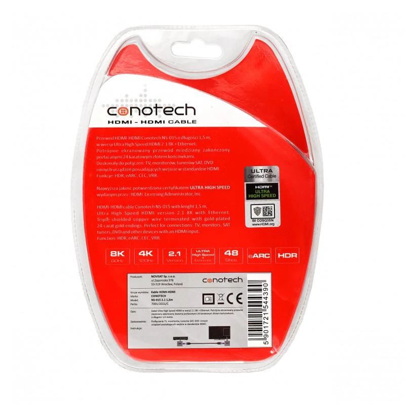 CONOTECH NS-015 2.1 8K HDMI-Kabel 1,5m Ultra High Speed 48Gbps Schwarz