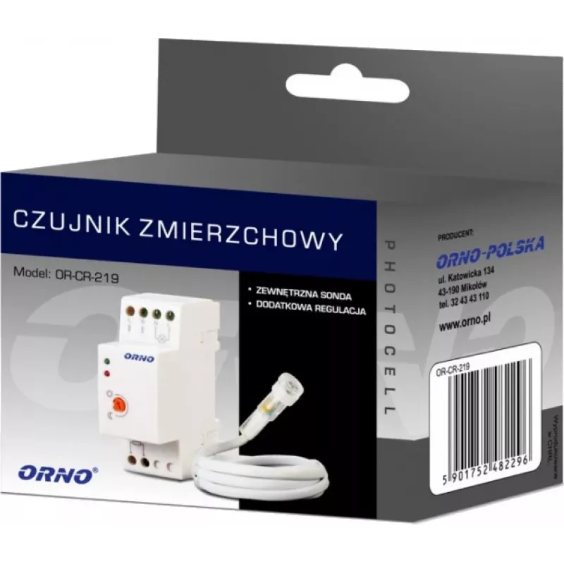 ORNO OR-CR-219 Dämmerungsschalter für Hutschiene mit externem Fotowiderstand, 230V AC, 10A, 2-100 Lux