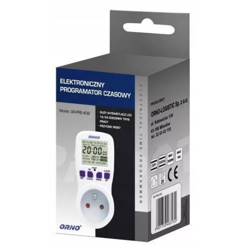 ORNO OR-PRE-409 Digitaler Wochenprogrammier-Timer, 230V, 16A, 10 Programme, LCD-Anzeige, Countdown