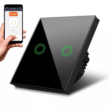 MACLEAN MCE714B Wifi 2-Fach Touch Lichtschalter, Schwarz, gehärtetes Glas, kompatibel mit Alexa/Google Assistant